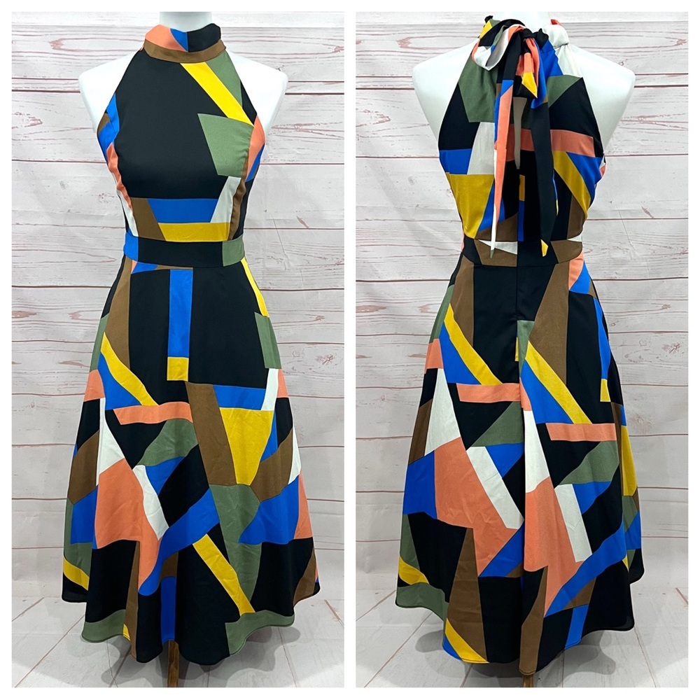 Tahari Colorful Abstract Geometric Colorblock Mock Neck Halter Retro Swing Dress